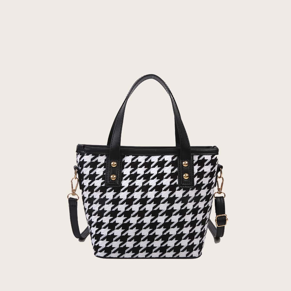 

Houndstooth Satchel Bag, Black