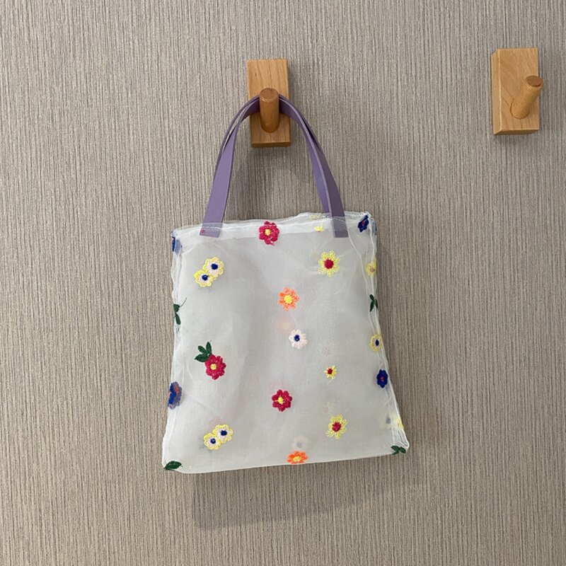 

Floral Embroidery Mesh Satchel Bag, White