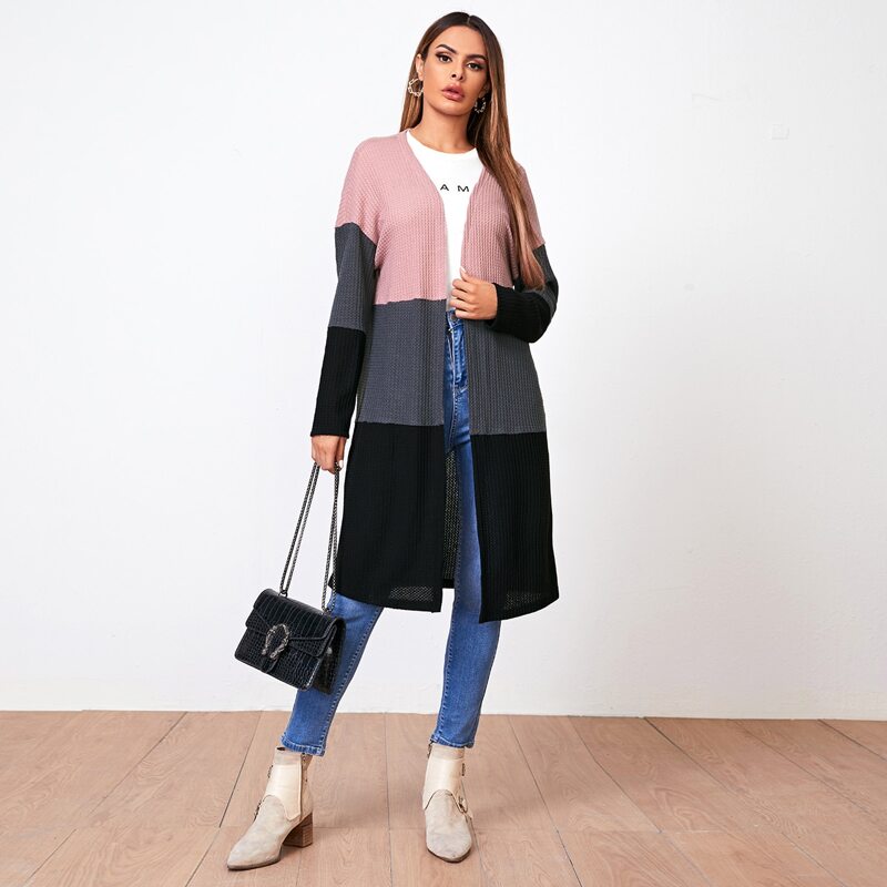 

Drop Shoulder Open Front Colorblock Coat, Multicolor