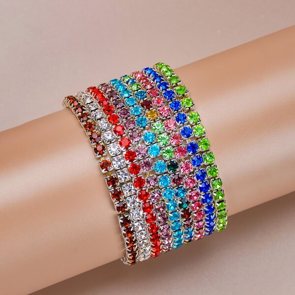 

9pcs Rhinestone Decor Bracelet, Silver