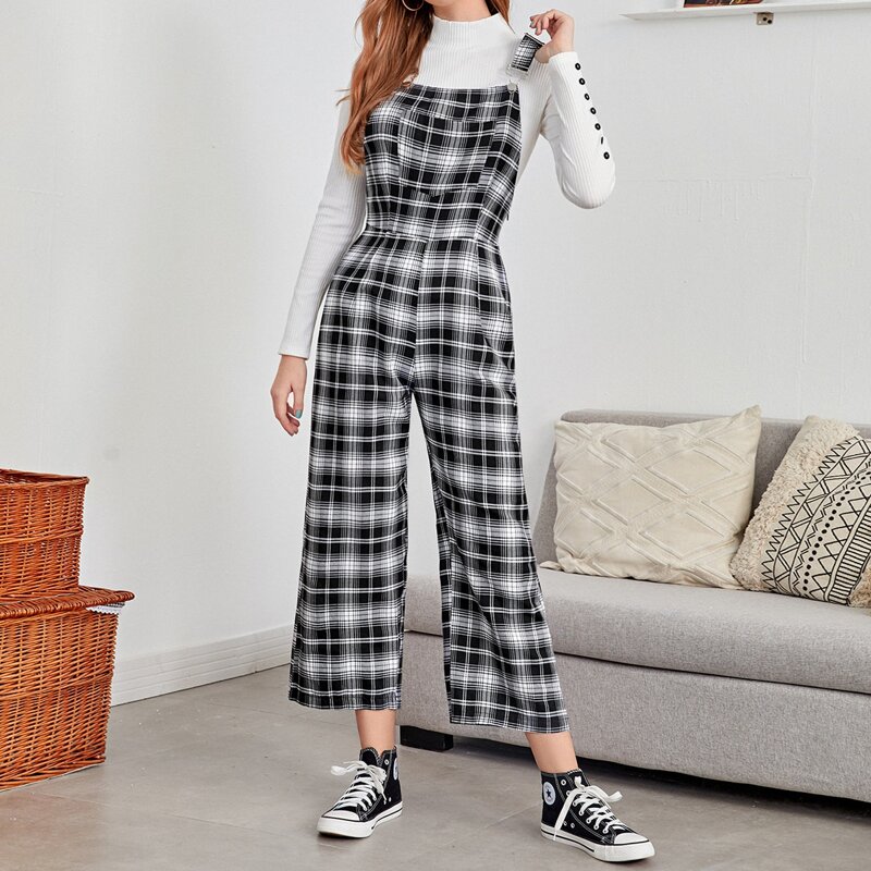

Plaid Pocket Overall, Black and white