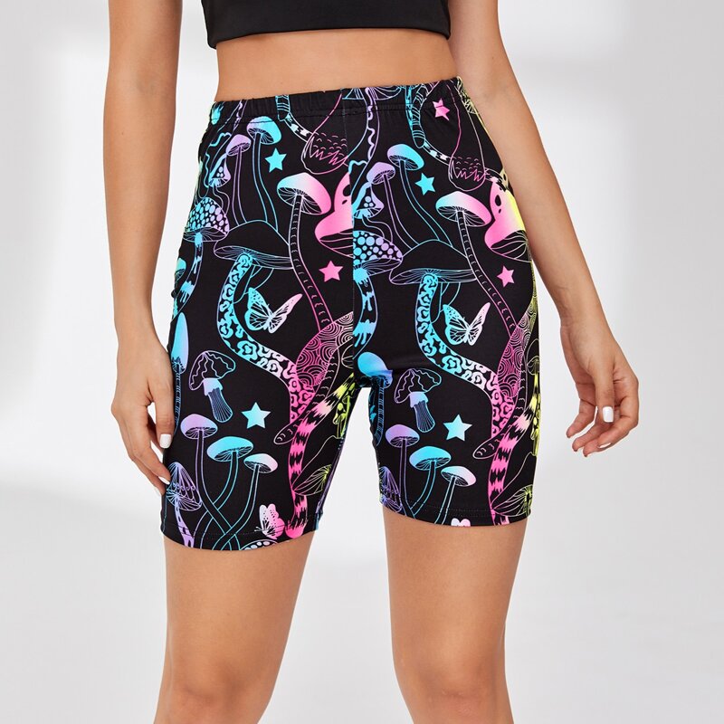

Mushroom Print Biker Shorts, Multicolor