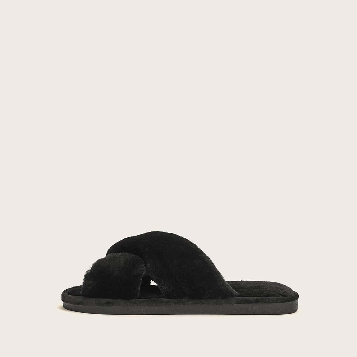 

Cross Strap Fluffy Slippers, Black