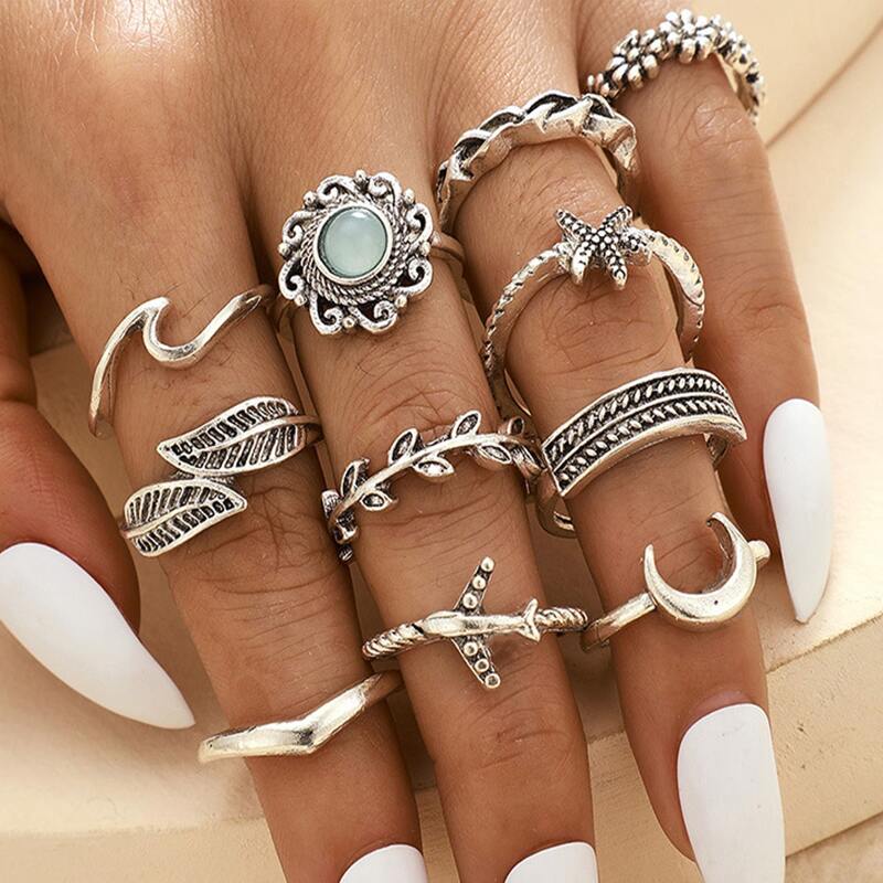 

11pcs Floral & Moon Ring, Silver