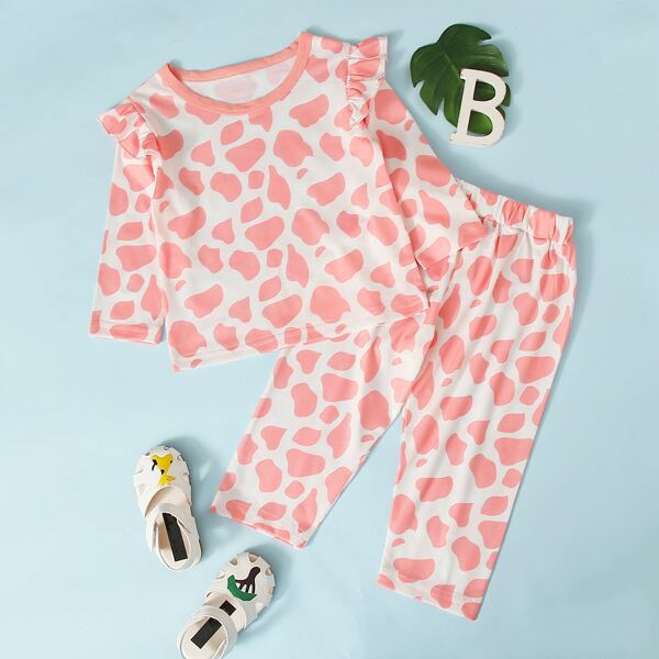 

Baby Girl Cow Print Ruffle Trim Tee & Pants, Coral pink