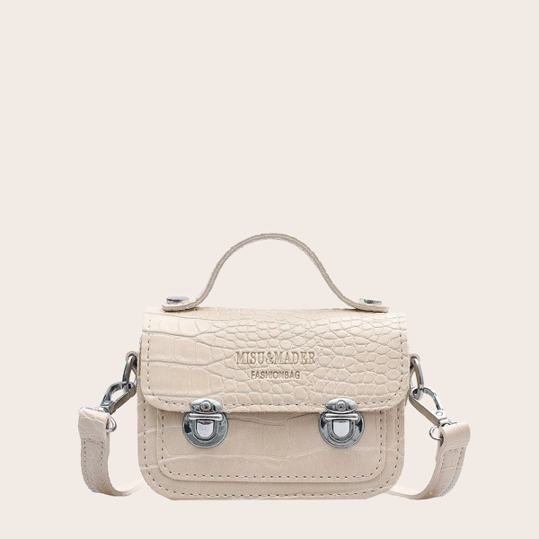 

Mini Push Lock Croc Embossed Satchel Bag, Beige