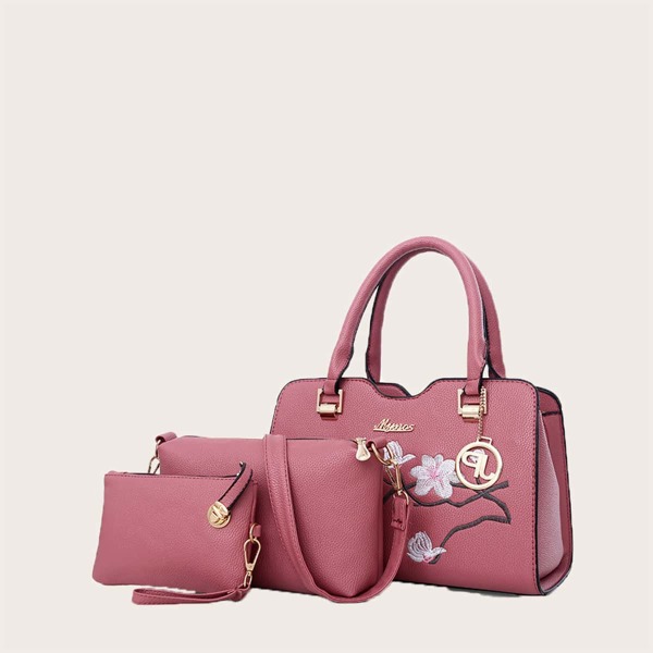 

3pcs Floral Embroidery Satchel Bag Set, Dusty pink