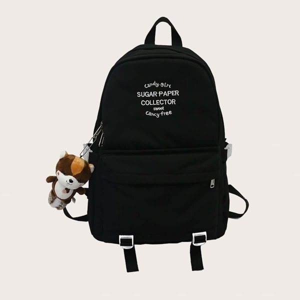 

Letter Graphic Backpack With Toy Charm, Black