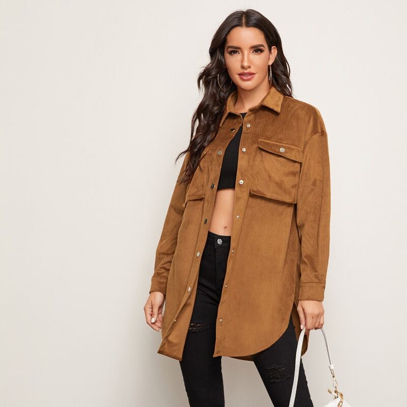 

Single Breasted Flap Pocket Cord Coat, Brown