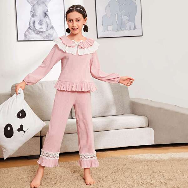 

Girls Schiffy Ruffle Trim Top & Embroidered Mesh Insert Pants PJ Set, Baby pink