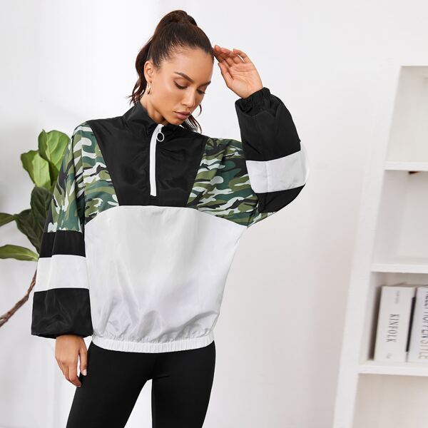 

Camo Panel Lantern Sleeve Colorblock Wind Anorak Jacket, Multicolor