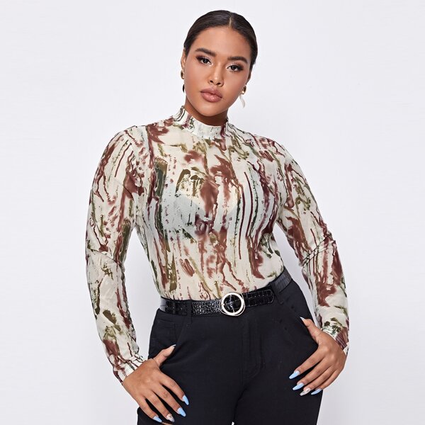 

Plus Mock Neck Sheer Mesh Top Without Bra, Multicolor