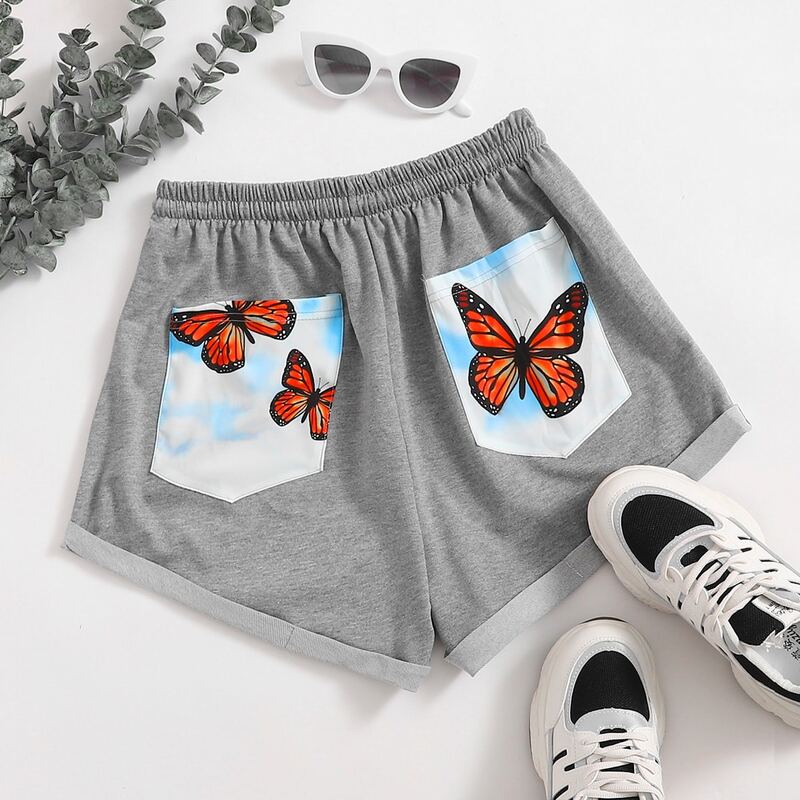 

Butterfly Print Patch Pocket Shorts, Light grey