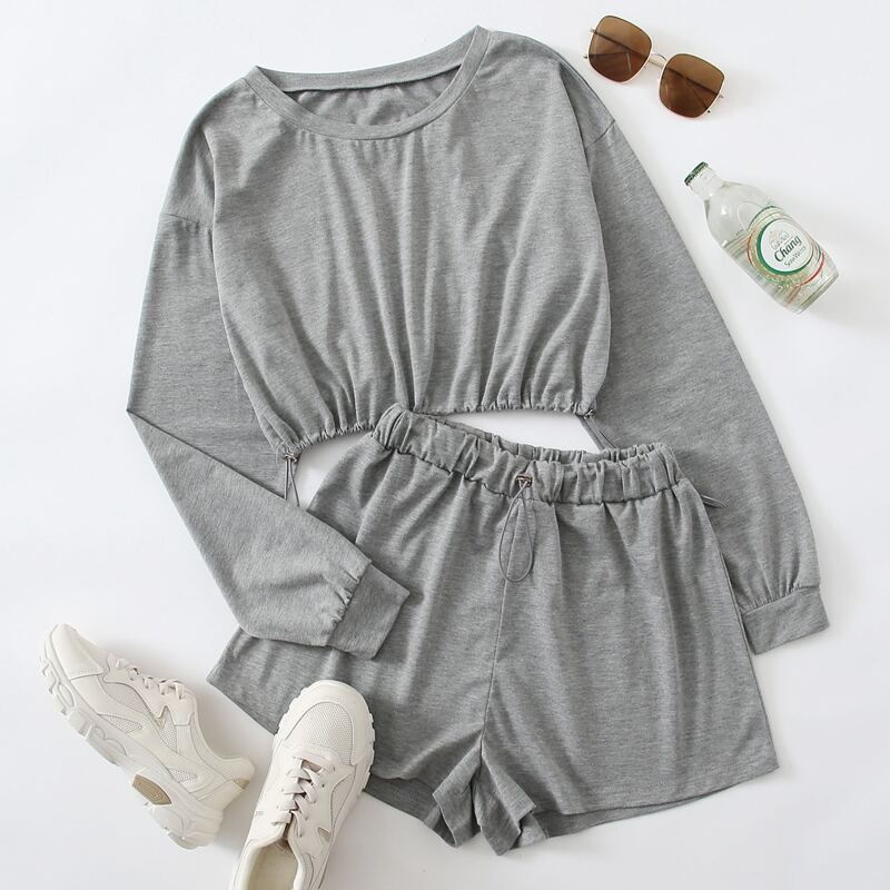 

Solid Sweatshirt & Drawstring Shorts, Light grey