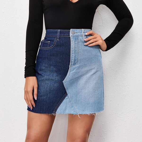 

Raw Hem Two Tone Denim Skirt, Multicolor