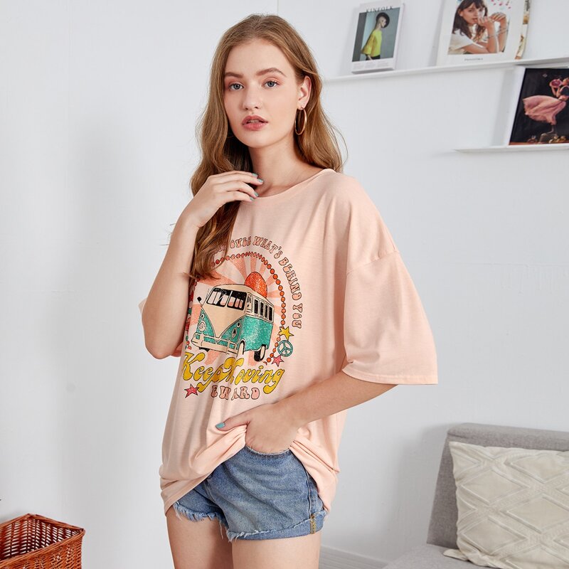 

Car & Letter Graphic Oversized Tee, Baby pink