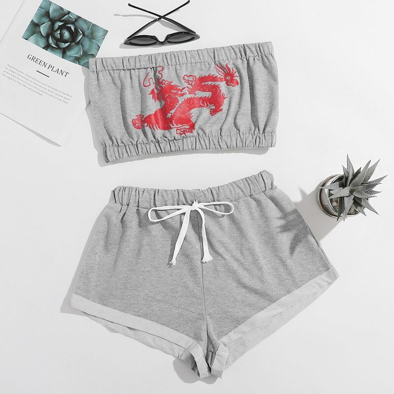 

Dragon Graphic Tube Top & Shorts, Light grey
