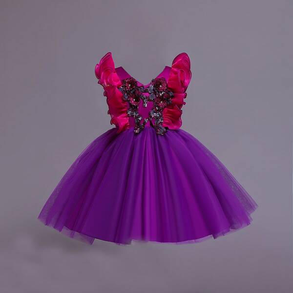 

Toddler Girls Appliques Contrast Sequin Ruffle Trim Bow Back Gown Dress, Purple