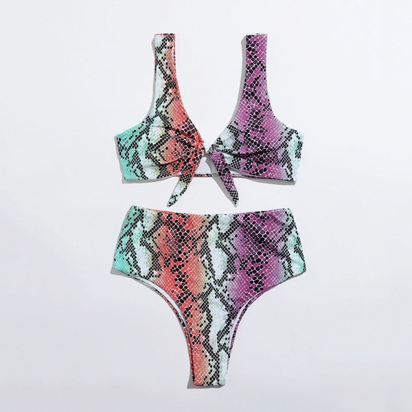 

Snakeskin Knot Front High Waisted Bikini Swimsuit, Multicolor