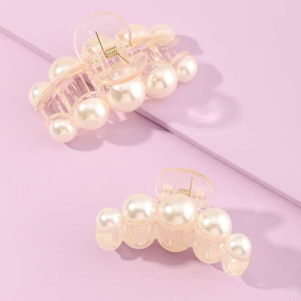 

2pcs Parent-toddler Girls Faux Pearl Decor Hair Claw, White