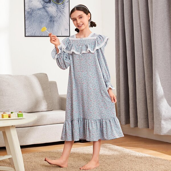 

Girls Ditsy Floral Print Guipure Lace Trim Ruffle Nightdress, Multicolor