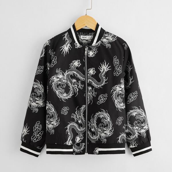 

Boys Chinese Dragon Print Striped Bomber Jacket, Black