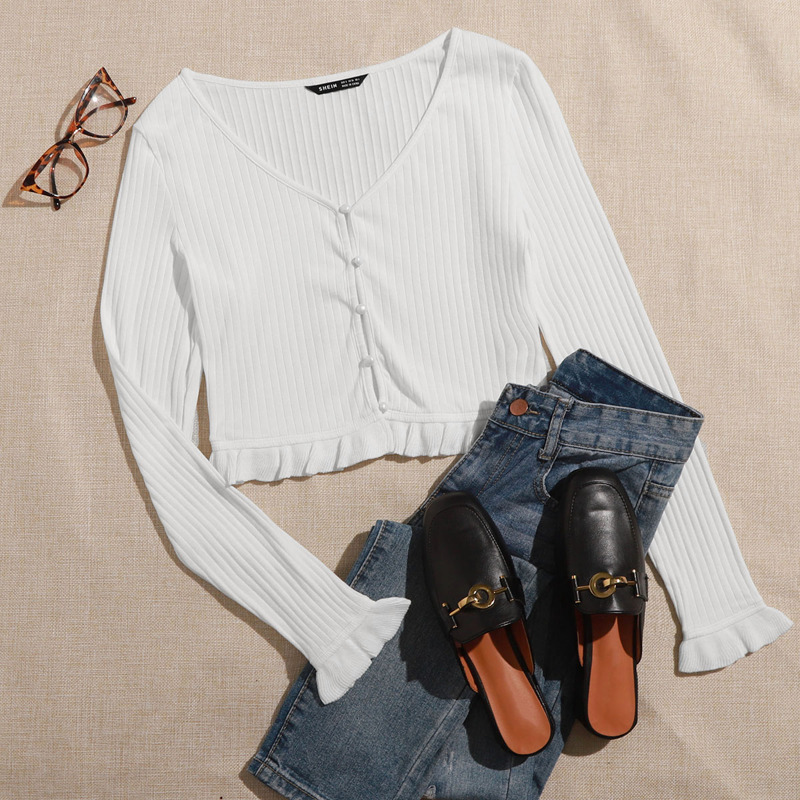 

Rib-knit Ruffle Trim Button Front Tee, White