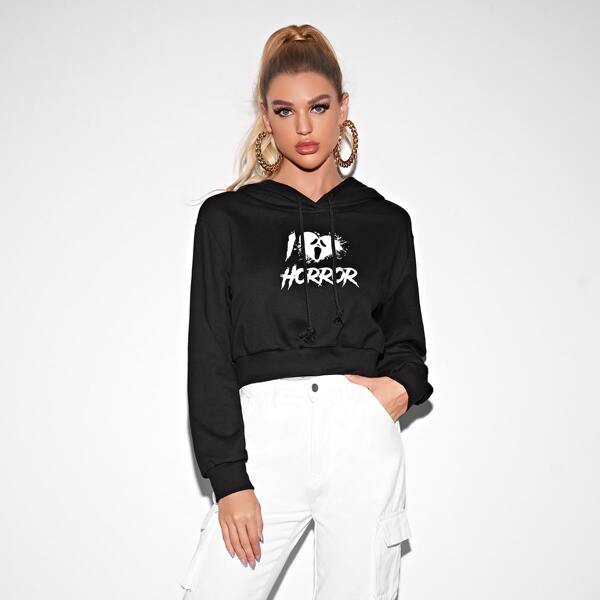 

Slogan Graphic Crop Drawstring Hoodie, Black