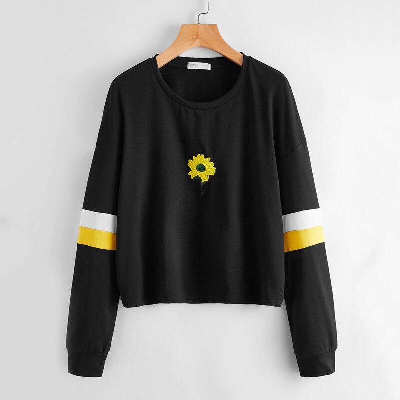 

Floral Embroidery Striped Sleeve Tee, Black