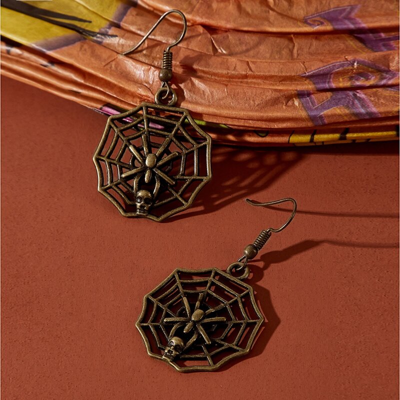 

Spider & Skeleton Drop Earrings, Bronze