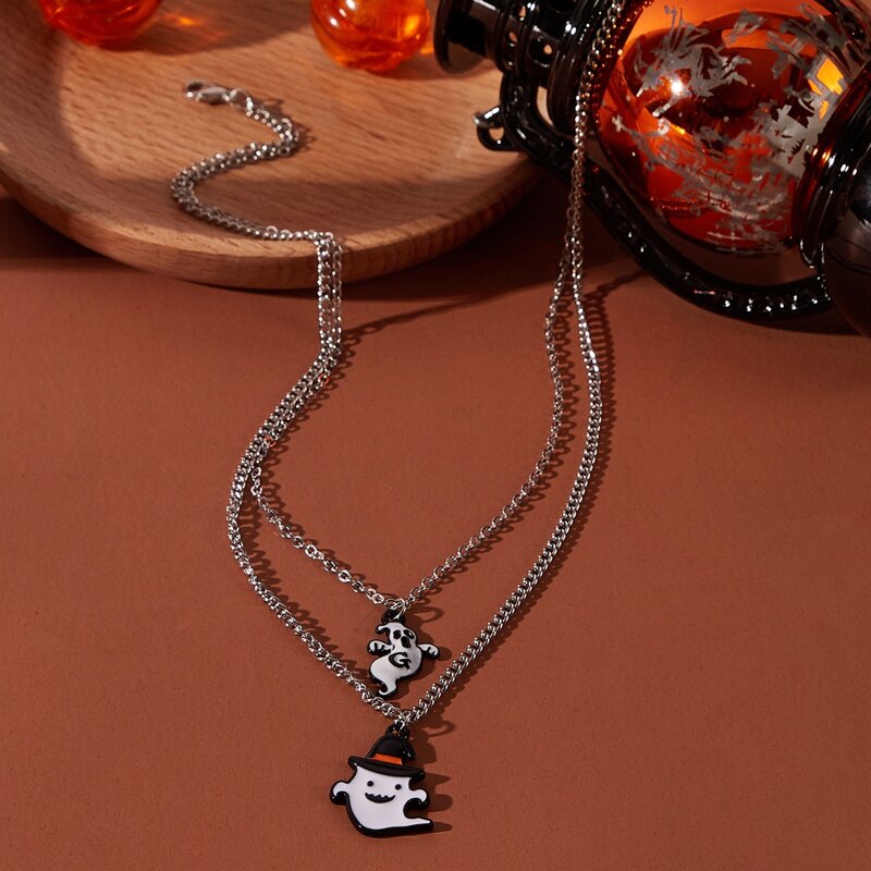 

Cartoon Ghost Layered Necklace, Silver