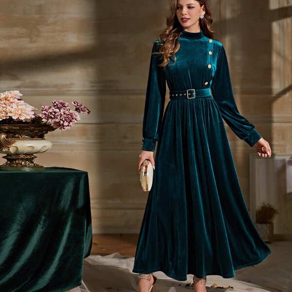 

Mock Neck Velvet Belted Dress, Dark green