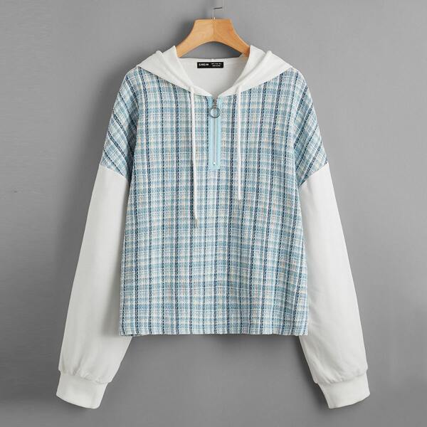 

Tweed Half Zipper Plaid Combo Hoodie, Blue and white
