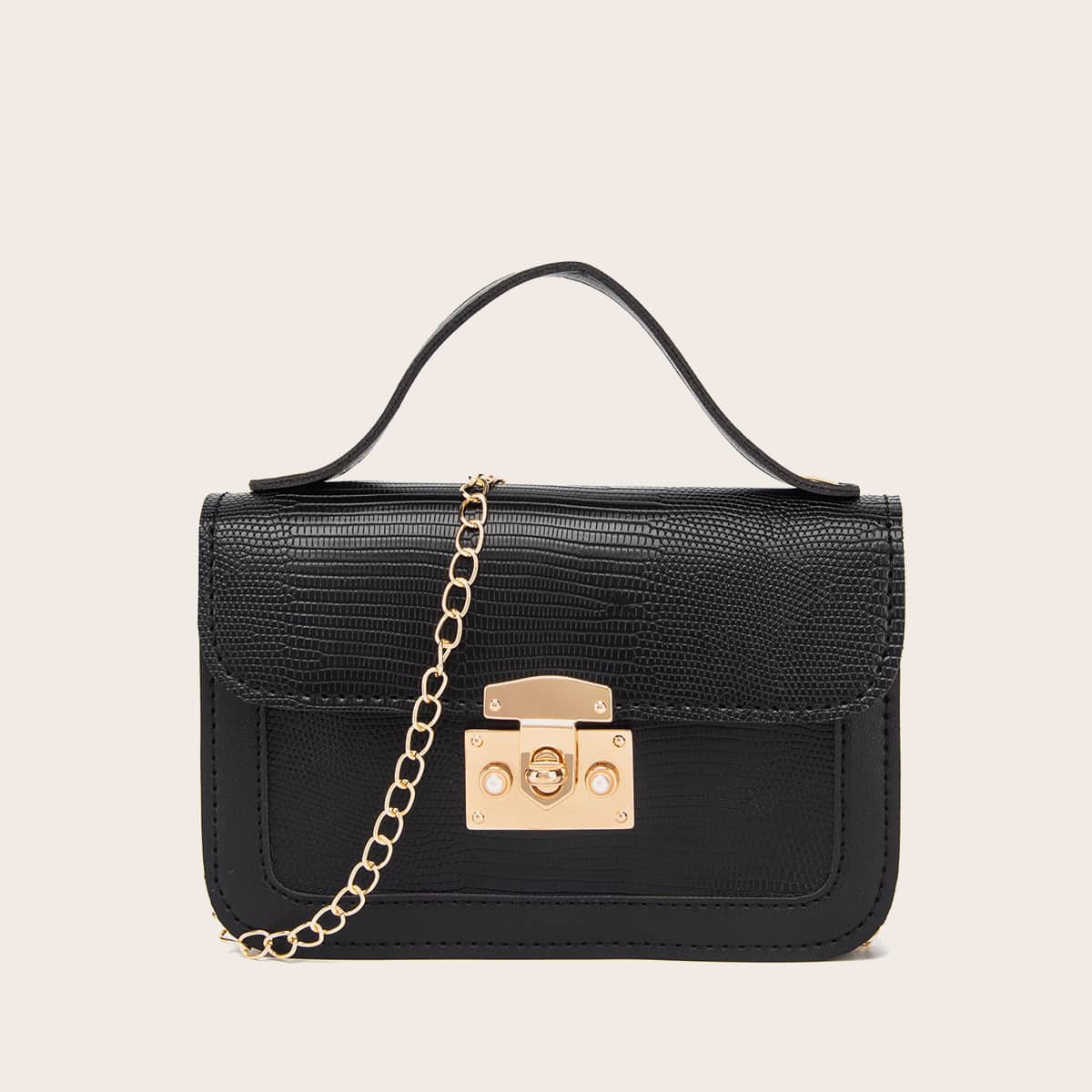 

Lizard Embossed Satchel Bag, Black