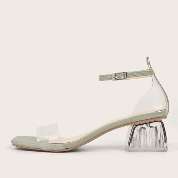 

Clear Ankle Strap Chunky Heeled Sandals, Green