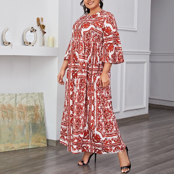 

Plus Scarf Print Bell Sleeve Smock Dress, Multicolor