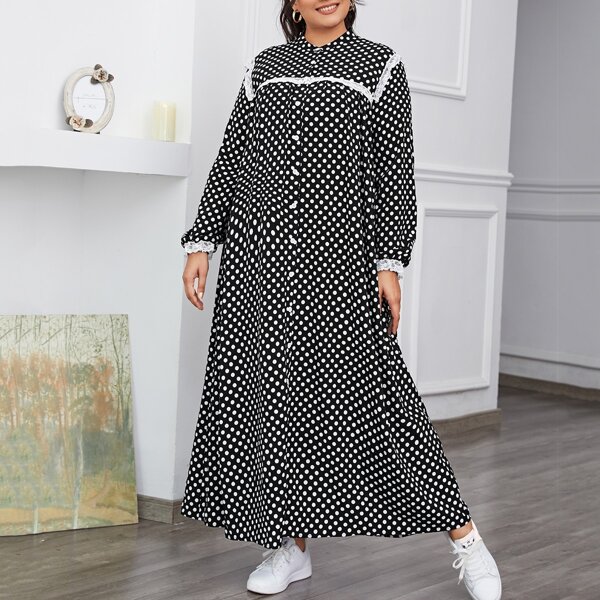

Plus Contrast Lace Detail Polka Dot Dress, Black and white