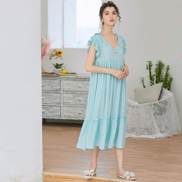 

Solid Ruffle Trim Flounce Hem Night Dress, Mint blue