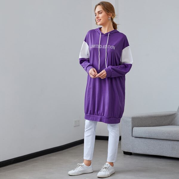 

Letter Graphic Drop Shoulder Drawstring Longline Hoodie, Violet purple