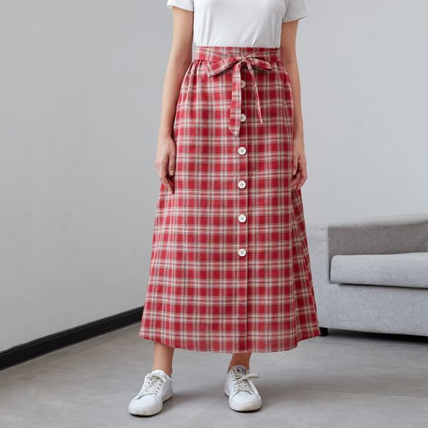 

Tartan Print Button Front Belted Skirt, Red