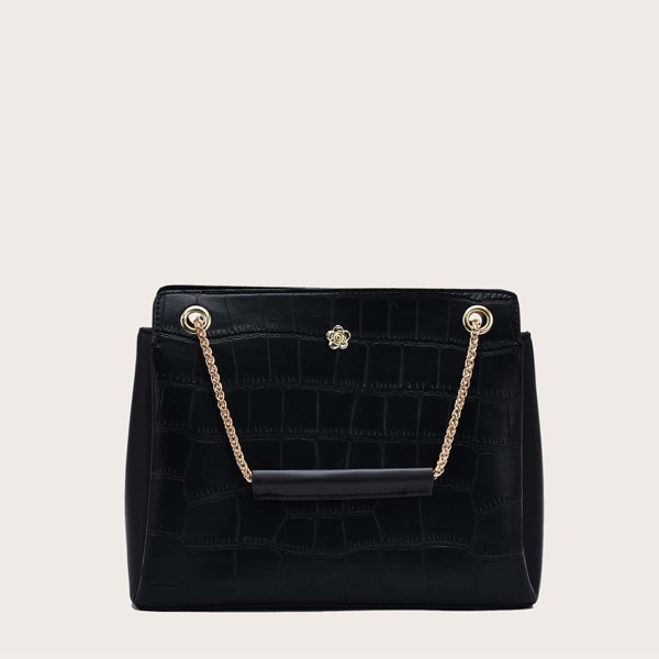 

Croc Embossed Top Handle Bag, Black