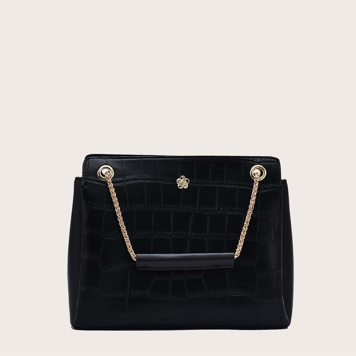 

Croc Embossed Top Handle Bag, Black