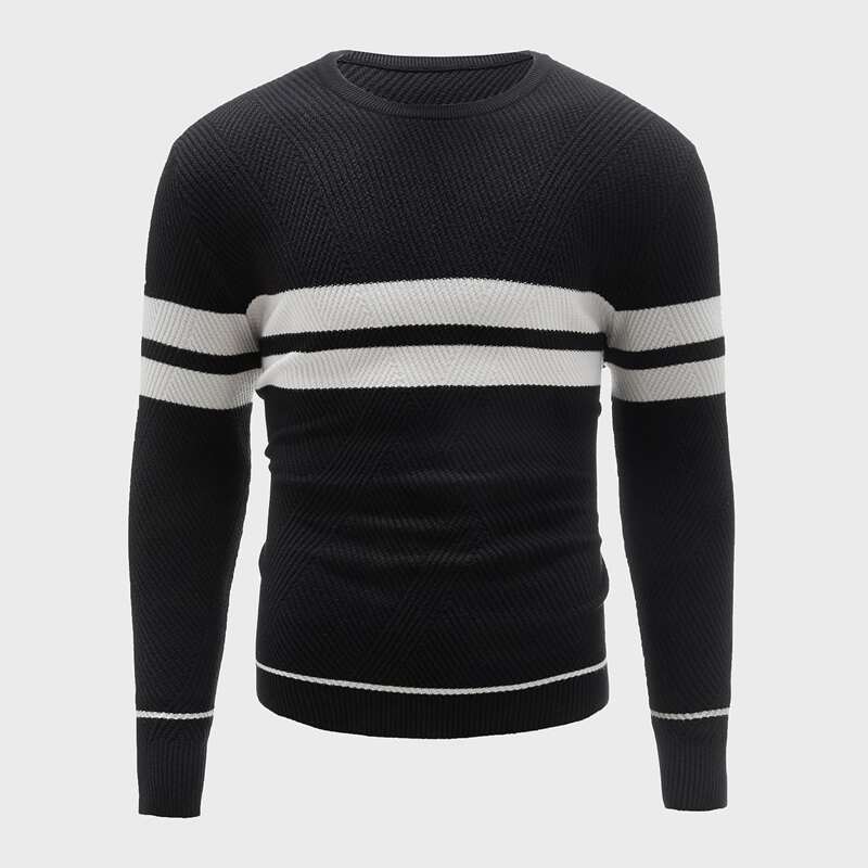 

Guys Striped Crew Neck Sweater, Black