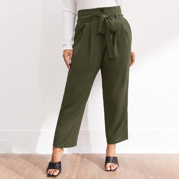 

Plus Tie Front Plicated Tapered Pants, Army green