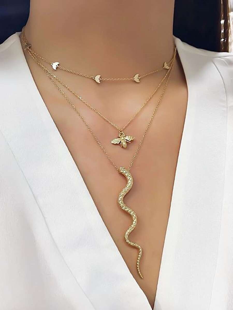 Bee & Snake Charm Layered Necklace - Yellow Gold - View 1