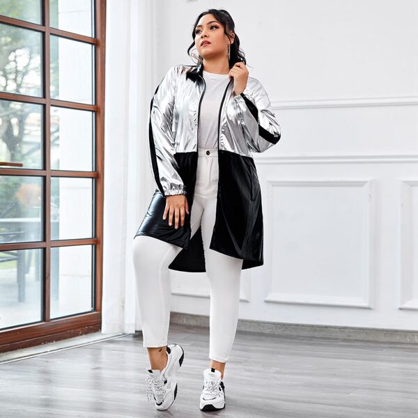 

Plus Two Tone Raglan Sleeve PU Leather Jacket, Multicolor