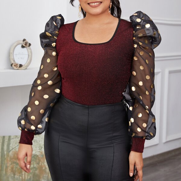 

Plus Gold Polka Dot Sheer Mesh Puff Sleeve Glitter Top, Burgundy