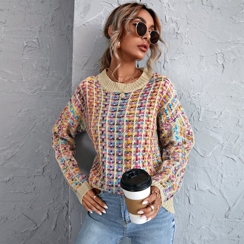 

Multicolored Plaid Drop Shoulder Sweater, Multicolor