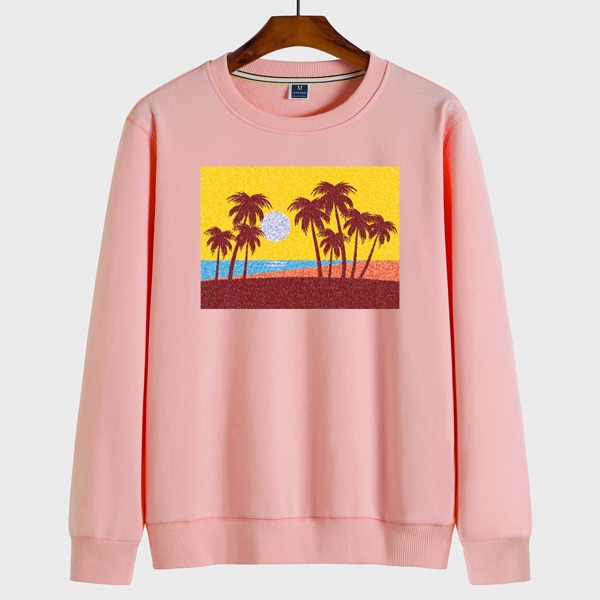 

Men Tropical Print Round Neck Sweatshirt, Coral pink