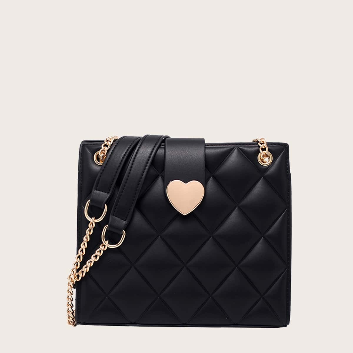 

Heart Graphic Quilted Shoulder Bag, Black